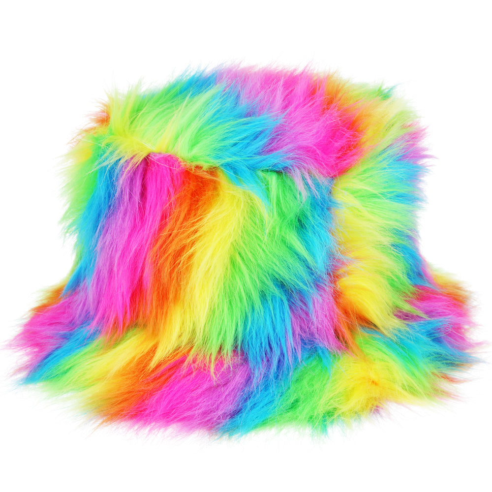 Fluffy Soft Colourful Faux Fur Bucket Hat - Rainbow