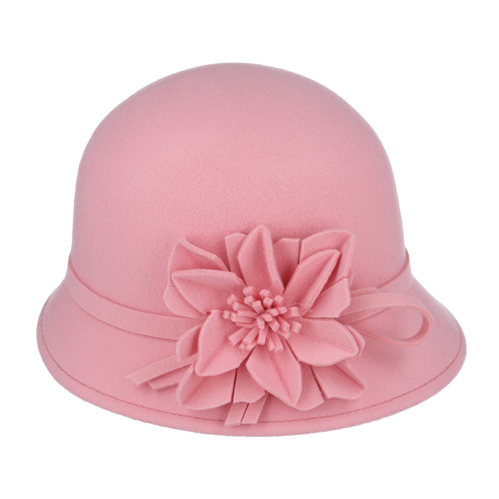 Ladies Chic Vintage Wool Cloche Hat With Flower & Strap Belt Around