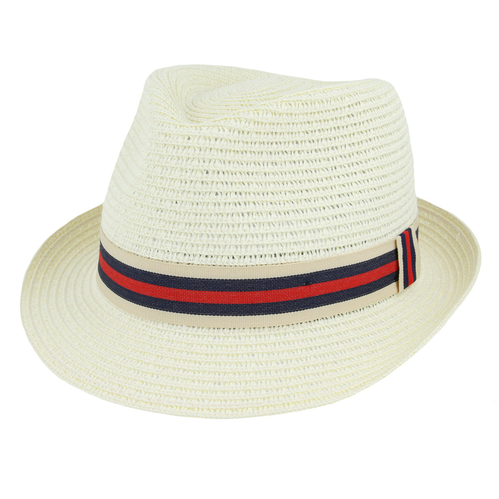 Summer Paper Straw Trilby Hat With Strip Band – Cream