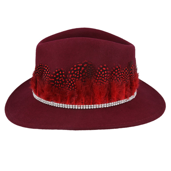 Maroon Fedora With Guinea Fowl Wrap