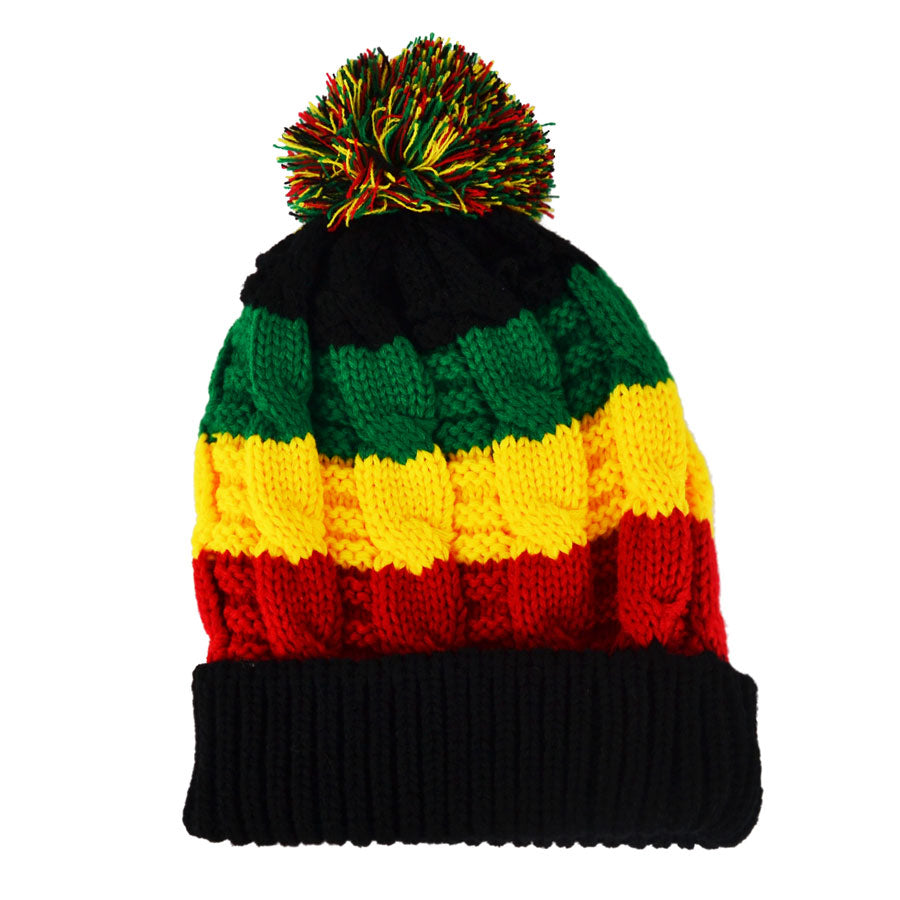 Rasta Leaf Beanie With Pom Pom Hat - Multi-col