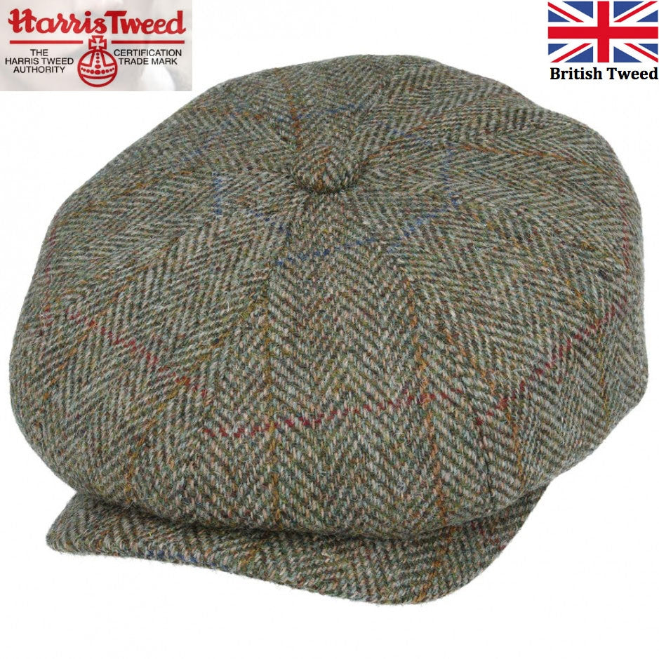 Harris Tweed 100% Scottish Wool Check Bakerboy Newsboy Cap - Green