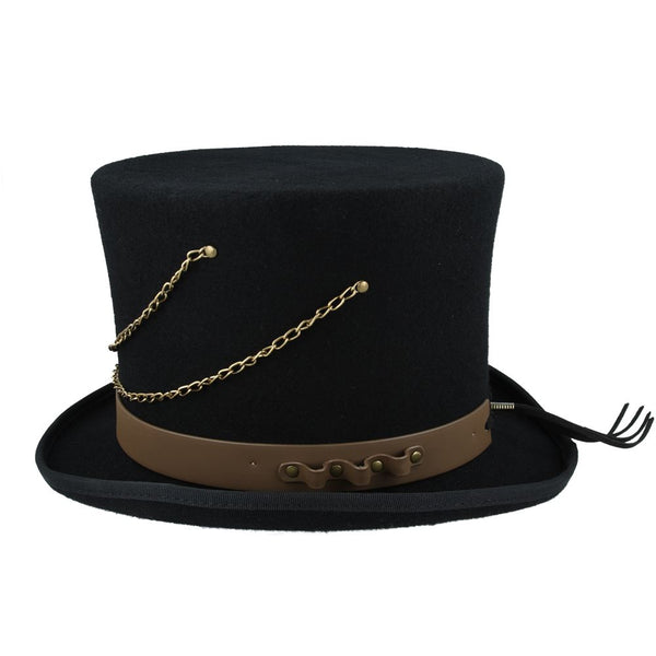 Gothic Victorian Steampunk Top Hat With Laced Brown Leather Look Band - Black
