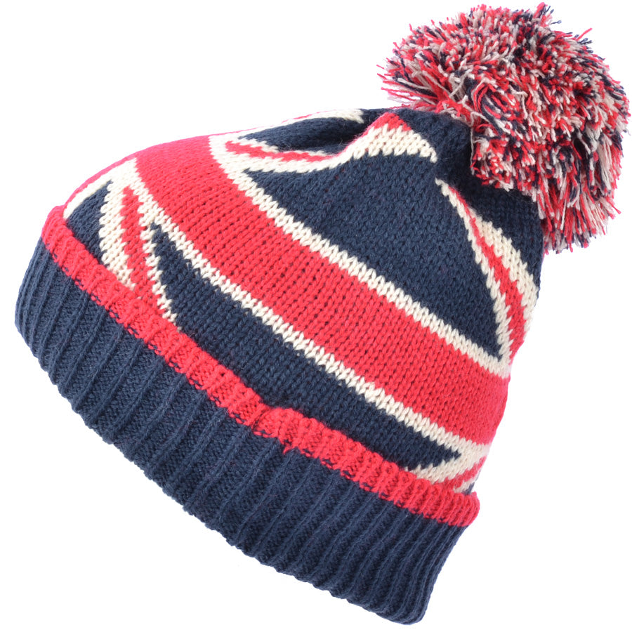 Union Jack Beanie With Pom Pom Hat - Multi-col